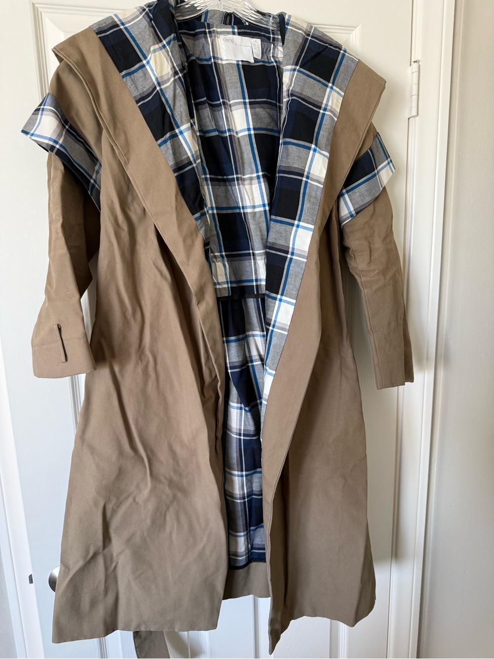 Women’ Oversized Cotton Hooded Trench Coat in Khaki with Plaid Lining